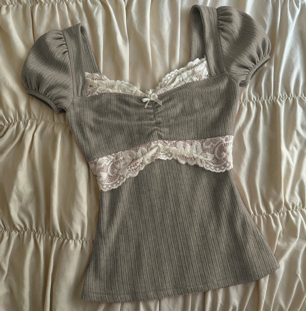Summer Lace Patchwork Coquette T-shirt Ribbed Knit Slim Fit Mil...